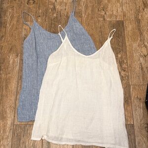 Vikolino European washed linen sleeveless Tank Top adjustable white blue small